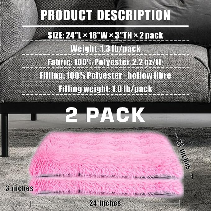 Machine Washable Dog Bed, Deluxe Plush Dog Crate Pad and Cat Bed, Anti-Slip Bottom Kennel Pad Mat, Fuzzy Pet Beds for Large, Medium, Small Dogs Breeds (Pink, 24.0" L x 18.0" W x 3.0" Th x 2 Pack)