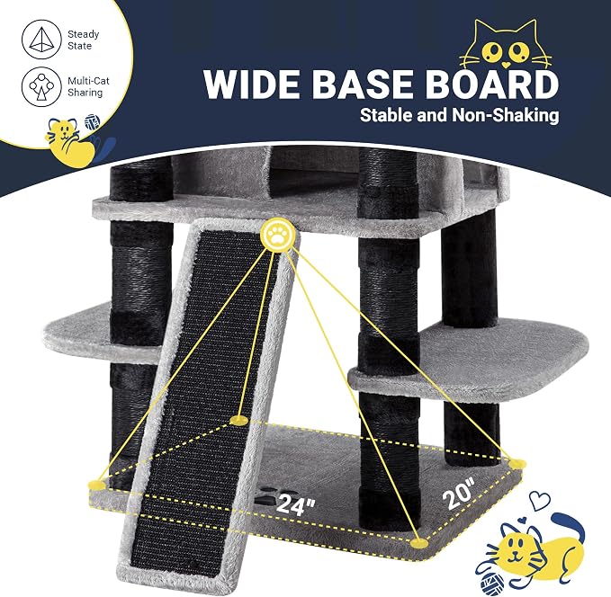 Allewie 68 Inches Cat Tree/House and Towers for Big Feline/Scratching Post/Multi-Level Large Kitty Climbing Tree with Condo/Black & Grey