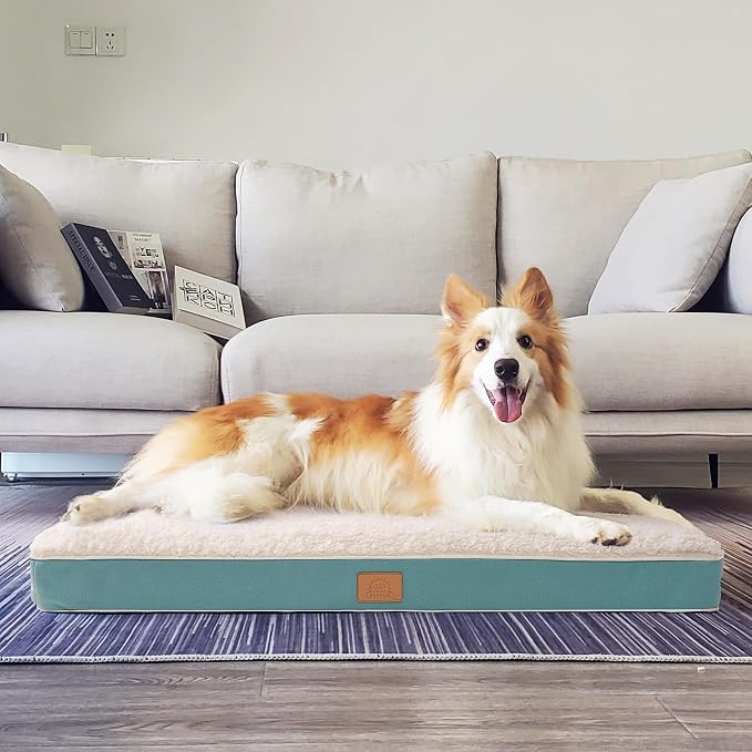 Sunheir Orthopedic Dog Beds Large Sized Dog, Big Waterproof Dog Crate Pad | Removable Washable Cover, Egg Crate Foam Support, Anti-Slip Bottom, Easy-Clean, Soft Plush Large Pet Bed Mat for Crate, Blue
