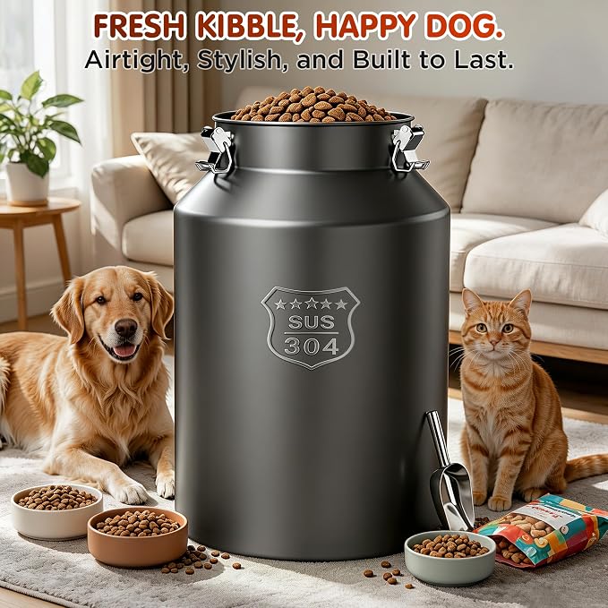 IPOW 48 lb Large 304 Stainless Steel Dog Food Bin with Airtight Lid, Pet Food Container for Dogs & Cats, Keep Fresh, Easy to Clean