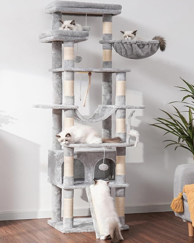 Heybly Tall Cat Tree 78-inch Multi-Level Cat Tower for Indoor Cats HCT033W | Cat Condo with 2 Widened Plush Perches, Multi-Level Cat Furniture with Scratching Board, Big Caves, Light Gray