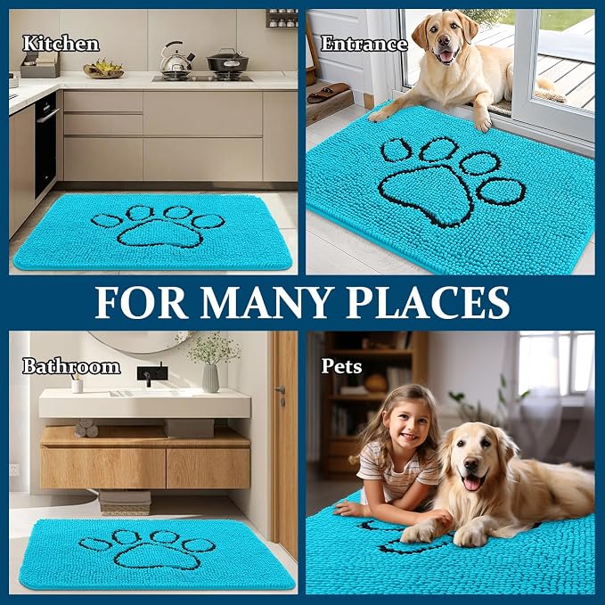 OLANLY Dog Door Mat for Muddy Paws 30x20, Paw Print Design Chenille Mud Mat | Aqua Blue, Absorbent, Traps Moisture and Dirt, Non-Slip Washable Doormat, Quick-Drying Indoor Entryway Floor Carpet for Dogs