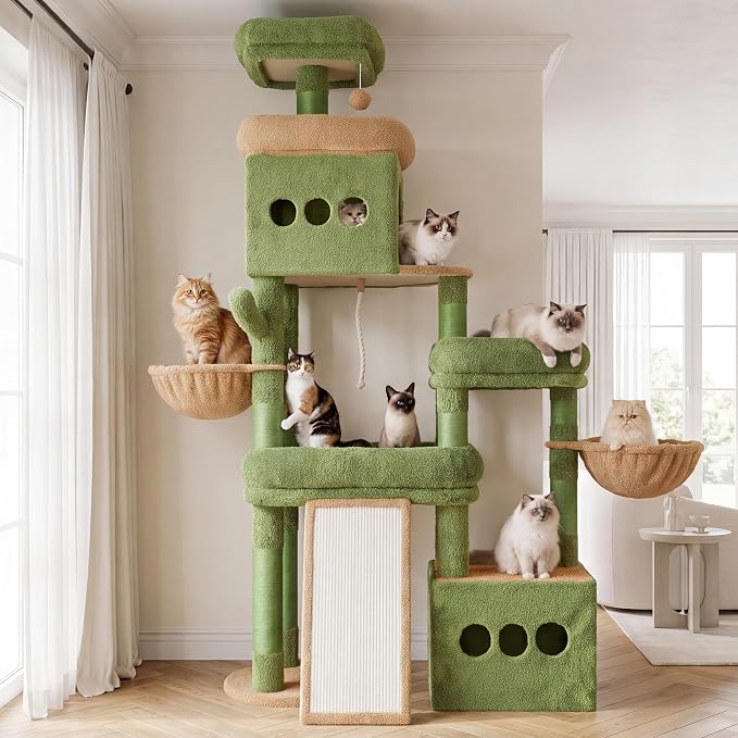 Heybly Cat Tree 72.4-Inch Anti-Tip Cat Tower with Spacious Perches HCT060GY | All-in-One Cat Furniture for Large Cats, Multiple Interactive Areas, Extra-Large Sisal Scratching Board, Green and Yellow