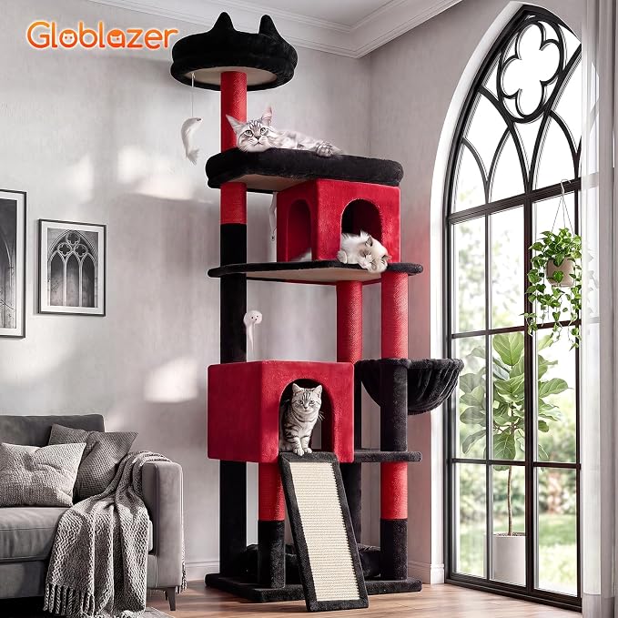Globlazer Heavy Duty Gothic Cat Tree, 72in Large Cat Tower with Coffin Bed, Sturdy Maine Coon Cat Tree for Large Cats 20 lbs+, Medieval Castle Style with 6 Scratching Posts & Hammock, S72, Black & Red