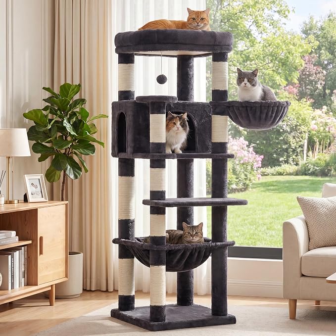 Heybly 53.1" Corner Cat Tree for Large Cats – Interactive Play HCT029G | Sturdy Cat Tower with Cozy Cat Condo, Fan-Shaped Top Perch, Basket, Hammock & Solid Base, Smoky Gray