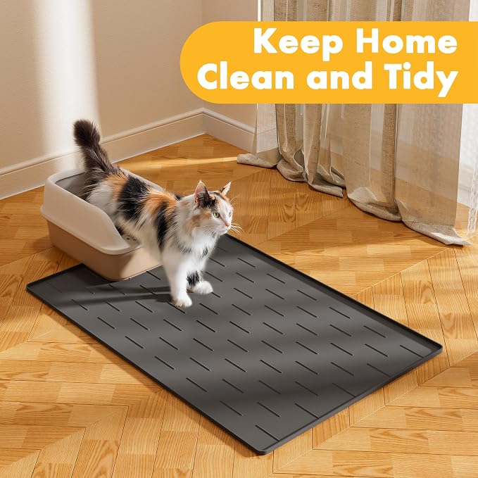 Pieviev Silicone Cat Litter Mat, Traps Litter & Easy to Clean, 34'' x 22'' | Raised Edges Lock Litter & Urine, Scratch and Wear-Resistant Cat Box Mat, Non-Slip Backing, Fit Most Standard Boxes