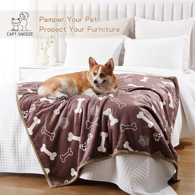 Waterproof Dog Blankets Pet Blanket 50"x60", Soft Fluffy Sofa Car Bed Protector, Reversible Sherpa Fleece Dog Blanket for Large Dogs(Chocolate Brown-Bones)