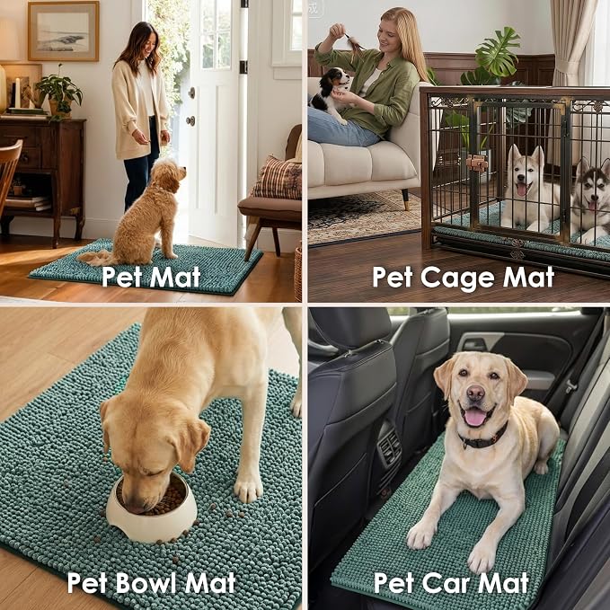 EHEYCIGA Super Absorbent Dog Door Mat for Muddy Paws 60x24 Inch Indoor, Front Doormat Outside Entrance, Quick Dry Chenille Washable Dog Crate Bed, Non-Slip Pet Rug Mud Mat Outdoor Entryway, Green