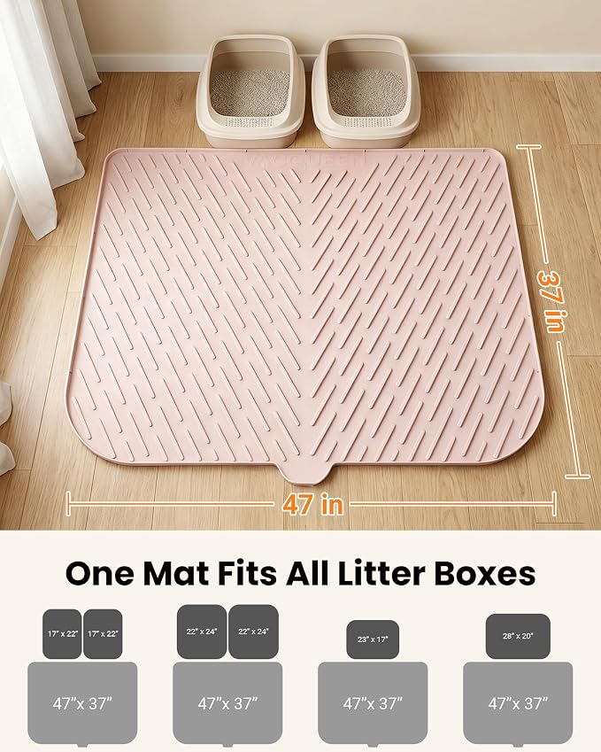 Cat Litter Mat, 47"x37" Extra Large Litter Box Mat, Silicone Mat, Pink | Waterproof Litter Trapping Mat for Scatter Control, Soft on Cat Paws Non-Slip Easy to Clean