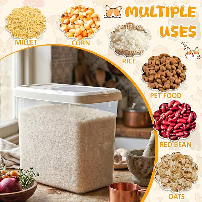2 Pack 20 Lbs Airtight Dog Food Storage Container with Scoops | 2 Measuring Cups, Flip Lids, Clear Bins with Markings, Preserve Freshness, Pet Dog Cat Rice Grain Treat Storage