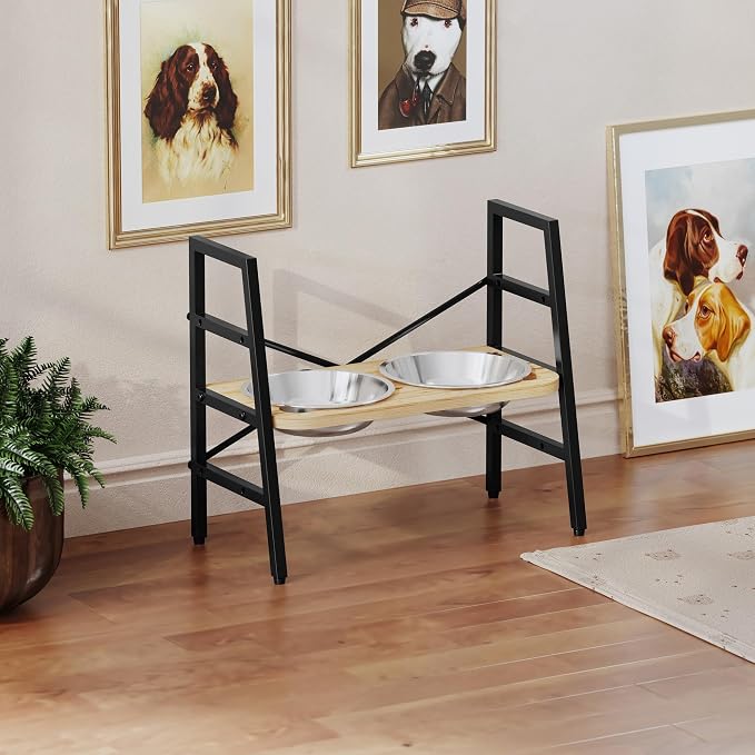 PUPETPO Elevated Dog Bowls, Adjustable Raised Dog Bowl Stand 4.1" to 11.6" | Black Metal Frame and Solid Wood Stand, Non-Slip Feet, 2 Stainless Steel Bowls 1.6L for Small to Medium Dogs, Cats and Pets