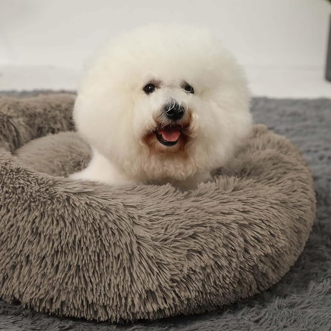 HACHIKITTY Calming Donut Cuddler Dog Bed, Round Fluffy Pet Bed with Sewn-in Cushion for Large Dogs,Washable, Large, Taupe, 23''