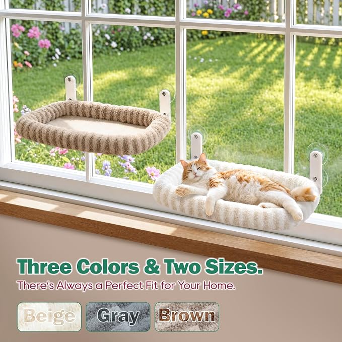Zakkart Mellow Foldable Cat Window Perch, Upgraded Suction Cups (Brown, L) | Curtain-Friendly, Dual-Fabric Striped Machine Washable Bed, Heavy Duty ABS & Metal Frame, Hold up to 40 lbs., 24.8"W x 15.5"D