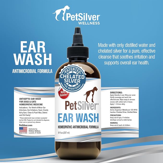 Natural Ear Wash Cleaner for Dogs & Cats, 8 fl oz | Infection Treatment for Dogs, Targets Odors & Wax Build-Up, Soothes Itchy Ears, NOT Colloidal Silver - Chelated Silver, USA