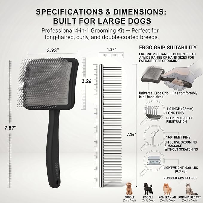 Slicker Brush for Dogs, Professional Dog Grooming Brush Kit 4PCS | Doodles Brush for Goldendoodles Poodles, Long Pin Haired Brush, Easy to Daily Detangling to Prevent Matting