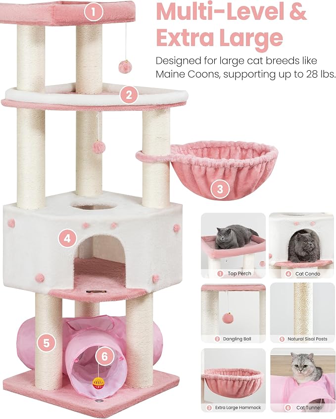 Cat Tree Tower for Large Cats Adult - 60 Inch XXL Sturdy Heavy Duty Extra Wide Scratching Posts (φ4.4in) Condo - Indoor Big Cat House Hammock Perch - XL Wood Multi Level Feline Pet Bed Trees Houses