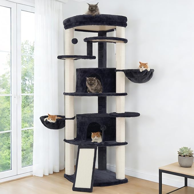 Corner Cat Tree, All Sisal Multi-Cat Scratching Posts GCT035G | 63.8" Cat Tower for Indoor Cats with Cat Condo, 2 Large Cat Caves, Big Top Perch, 2 Hanging Baskets & Sisal Ramp, Drak Gray