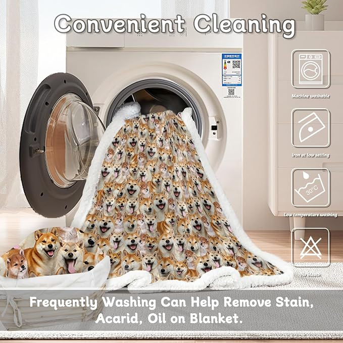 BlessLiving Fuzzy Dogs Blanket for Kids Adults Cute Puppy Fleece Blanket Reversible Animal Pattern Sherpa Throw (Shiba Inu,Throw, 50 x 60 Inches)
