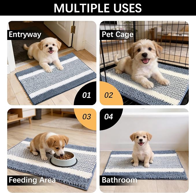 Dog Door Mat for Muddy Paws - Absorbent Quick-Dry Non-Slip Washable Chenille Pet Rug, Indoor Entryway Mat for Front Door & Crate (Blue White, 24" L*16" W)