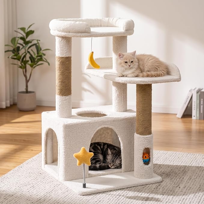 30" Kitten Cat Tower, Compact Beige Cat Tree with Condo & Perch | Plush Finish, Cozy Condo, Soft Top Perch, Sisal Scratching Post, Dangling Ball Toy, Anti-Tip Base, for Cats up to 15 lbs