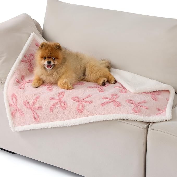 LE SURE Waterproof Puppy Blanket for Small Dogs - Washable Double Sided Dog Blankets with Warm Jacquard Shag and Soft Sherpa Fleece, Pet Cat Blanket for Couch Protection, Bow Design,Pink Taffy