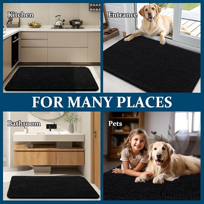 OLANLY Dog Door Mat for Muddy Paws 59x35, Super Absorbent Chenille Mud Mat | Black, Absorbs Moisture and Dirt, Non-Slip Machine Washable Doormat, Quick-Drying Indoor Entryway Floor Carpet for Dogs