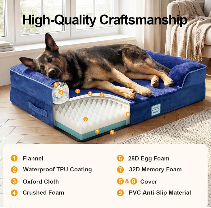 OhGeni Orthopedic Dog Bed Couch Big Cat Sofa for Extra Large Sized Pets with Memory Foam, Machine-Washable Waterproof Removable Cover, Soft Comfortable Fabric, 44-inch (Blue)