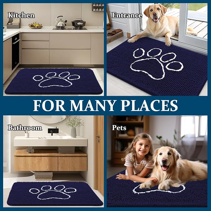 OLANLY Dog Door Mat for Muddy Paws 59x35, Paw Print Design Chenille Mud Mat | Navy Blue, Absorbent, Traps Moisture and Dirt, Non-Slip Washable Doormat, Quick-Drying Indoor Entryway Floor Carpet for Dogs