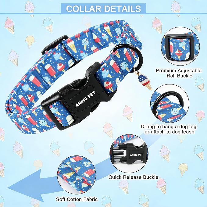 ARING PET Summer Dog Collar, Cute Blue Ice Pop Ice Cream 4th of July Pet Collars for Puppy Small Medium Large Female Girl Dogs-L