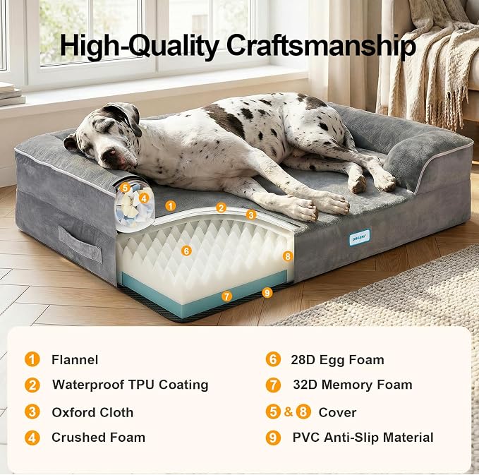 OhGeni Orthopedic Dog Bed Couch Big Cat Sofa for Jumbo Sized Pets with Memory Foam, Machine-Washable Waterproof Removable Cover, Soft Comfortable Fabric, 52-inch (Gray)