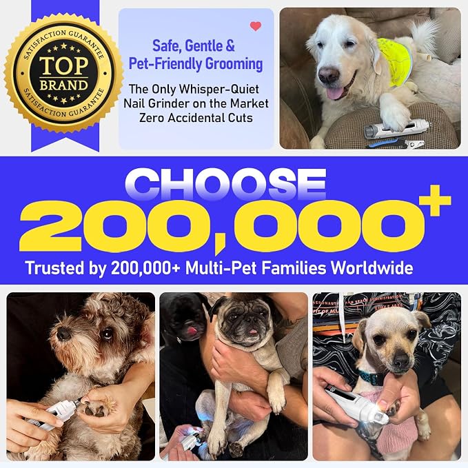Whisper-Quiet Dog Nail Grinder, 50% More Powerful 6-Speed Pet Nail Trimmer with 4 LED Lights & LED Display, No Over-Cutting, 3 Grinding Bits, Grooming Kit for Dogs & Cats All Sensitive Pets