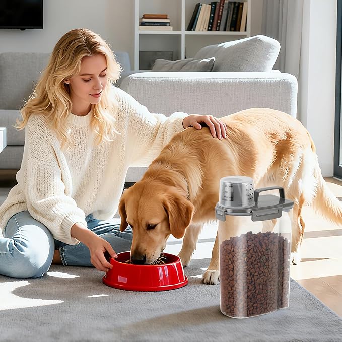 LEAWALK Airtight Small Cat Dog Pet Food Storage Containers BPA Free, with Large Pour Spout/1 Measuring Cup/ 4 Safety Locks and Double-layer Silicone Strip (Olive Gray x 2, 3L-2pack)