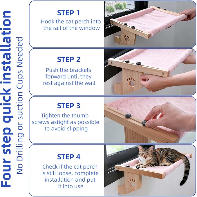 ESPETS Wooden Cat Window Bed for Large Cats, Pink Cat Window Perch Hammock | Solid Wood Window Ledge Perch, Sturdy Large Size Shelves, Soft Thick Removable Cushion, Easy Assemble Adjustable, Hold 50LBS