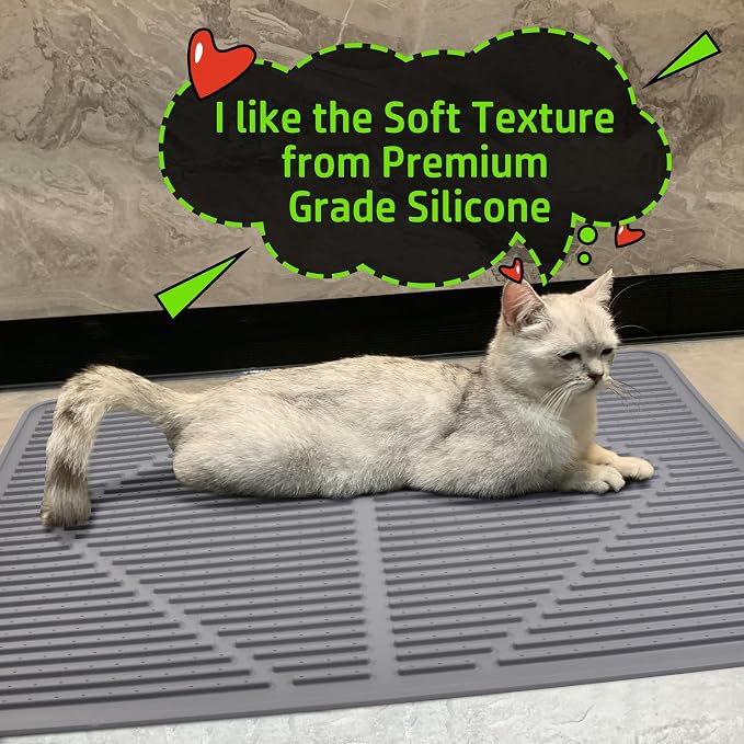 Mofason Rubber Large Cat Litter Mat, Grey Silicone Kitty Cat Litter Box Mat | Waterproof 28"x20" litter matt for cats; easy clean litter trapping catcher mat, cat litterbox mats, large pet mat cat indoor