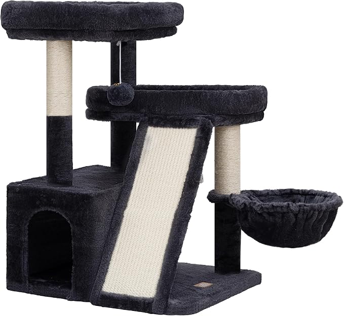 Heybly Compact Cat Tree with Big Scratcher, Stable Cat Tower HCT206SG | 27.2" Cat Furniture with 2 Top Perches, Floor Cat Condo, Cozy Hammock, Space-Saving Cat Activity Center, Smoky Gray