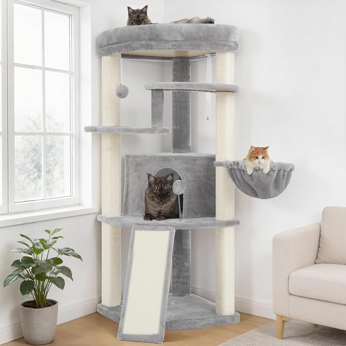 Corner Cat Tree Tower with All Sisal Scratching Posts GCT025W | 44.1" Cat Furniture with Multi-level Cat Condo, Cat Cave, Hanging Basket, Sisal Scratching Ramp for Indoor Cats, Light Gray