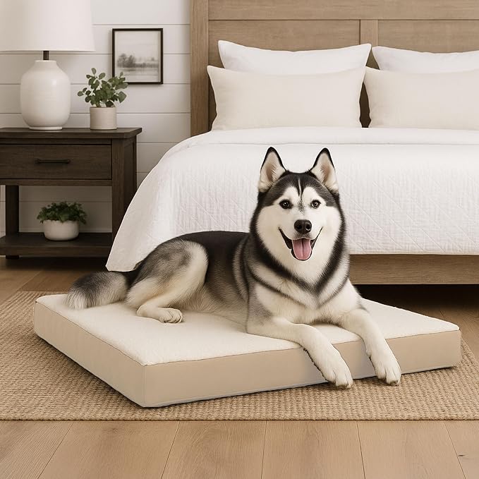 Orthopedic Dog Bed - 2-Layer Memory Foam Crate Mat with Machine Washable Sherpa Cover - 44x35 Pet Bed for Large Dogs up to 100lbs by PETMAKER (Tan)