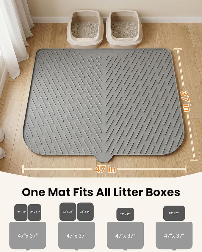 Cat Litter Mat, 47"x37" Extra Large Litter Box Mat, Silicone Mat, Gray | XXL Waterproof Litter Trapping Mat for Scatter Control, Soft on Cat Paws Non-Slip Easy to Clean