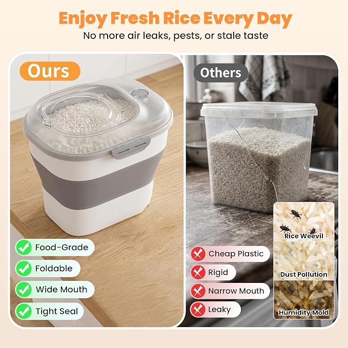 50 Lbs Rice Storage Container, Collapsible Pet Food Container | Airtight Dog Food Storage Container with Wheels, Transparent Lid, 2 Measuring Cup, 2 Scoop, BPA Free for Cat Food, Bird Seed