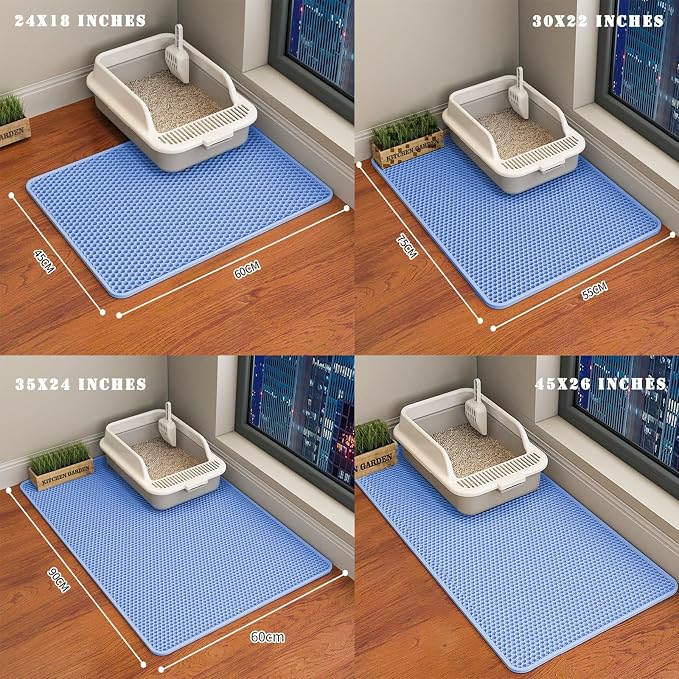 HCY&WLD Cat Litter Mat, Double Layer Cat Litter Box Mat (45x26 Inch, Blue) | Waterproof Urine-Proof Non-Slip Litter Trapping Mat, Soft on Kitty Paws, Scratch-Resistant, Scatter Control, Easy to Clean
