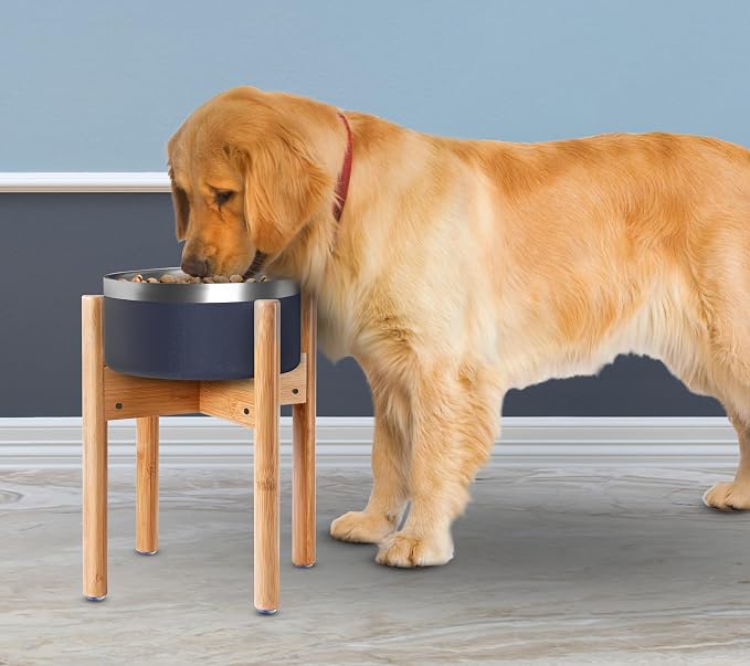 Dog Bowl Stand for Mid-Large Dogs - Adjustable, Easy Fold-Down | Use to Elevate Raise Dog Food, Water and Slow Feeder Bowls, Lock-Bolts and Tool Added, Foot-Padded, Bamboo Stand Only