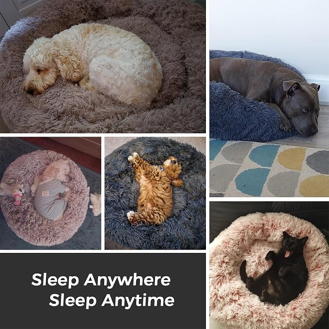 Calming Round Dog Bed & Cat Bed with Anti-Slip Bottom, Medium Size Washable Anti-Anxiety Donut Dog Beds for Small Dogs & Cats, Fluffy Plush Soft Dog Bed(24 Inch, Blue Grey)