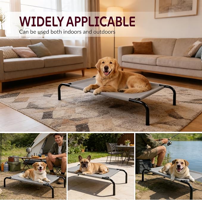OUTSIDER Elevated Dog Bed with Breathable Mesh Fabric, Large Raised Pet Cot with Airflow and Support, Durable and Easy to Clean (Grey, Large)