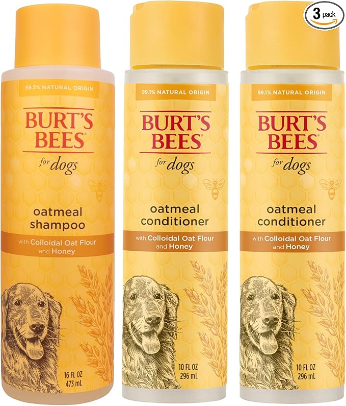 Burt's Bees for Pets Oatmeal Dog Shampoo & Conditioner with Colloidal Oat Flour & Honey | Gentle Dog Grooming Set for Itchy Skin & Moisturizing Care | 16 Fl Oz Shampoo & 2pk 10 Fl Oz Conditioner