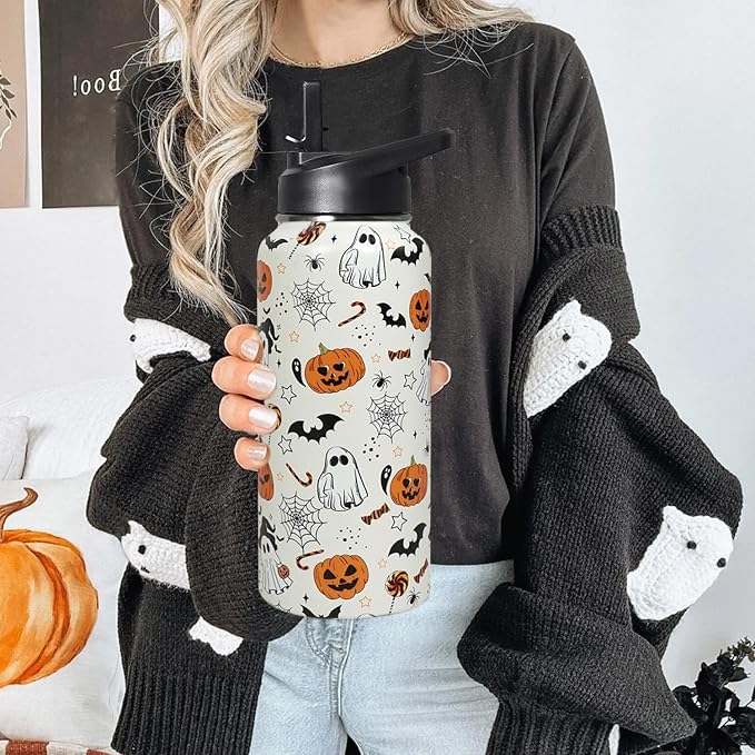 32oz Halloween Boo Pumpkin Insulated Aater Water Bottle with Straw Gym Hiking Sports Coffee Mug Cup Water Bottles,Halloween Gifts for Women,Halloween Decor Stuff Accessories