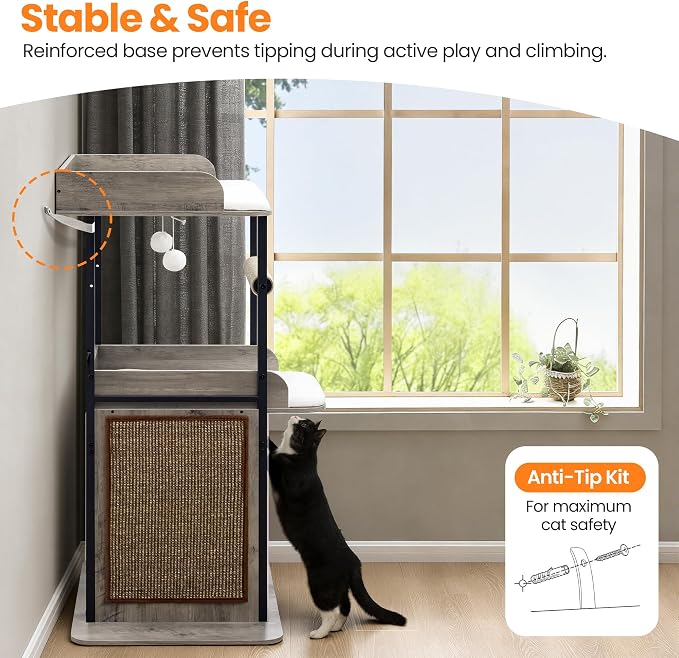 48in Wood Modern Cat Tree for Large Indoor Cats with Big Perch Bed | Multi-Level Climbing Design, Cat Cando, Sisal Scratching Posts and Board, Removable Washable Pads, Stable Greige
