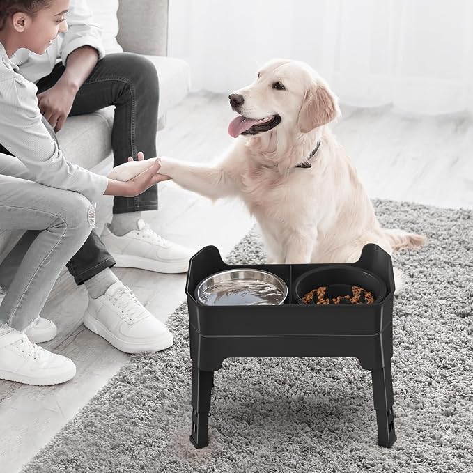 4-in-1 Elevated Slow Feeder Dog Bowls, 4 Height Adjustable Mess Proof Raised Dog Bowl Stand with Licking Plate, 2 Stainless Steel Dog Food Bowl & Slow Feeder for Large Medium Small Dogs Pets