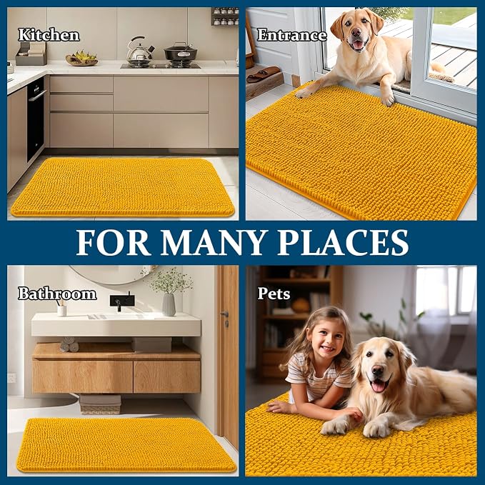 OLANLY Dog Door Mat for Muddy Paws 34x21, Super Absorbent Chenille Mud Mat | Golden Yellow, Absorbs Moisture and Dirt, Non-Slip Machine Washable Doormat, Quick-Dry Indoor Entryway Floor Carpet for Dogs