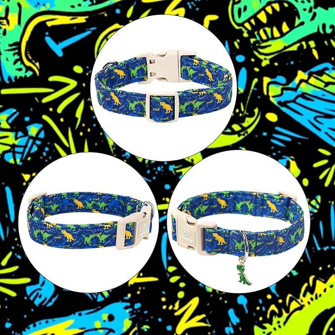 Dinosaur Dog Collar, Cute Boy Dog Collars for Giant Large Dogs - Blue Multicolor Dino Cotton Male Dogs Collar, Soft Adjustable Daily Pet Collars with Quick Release Buckle XL
