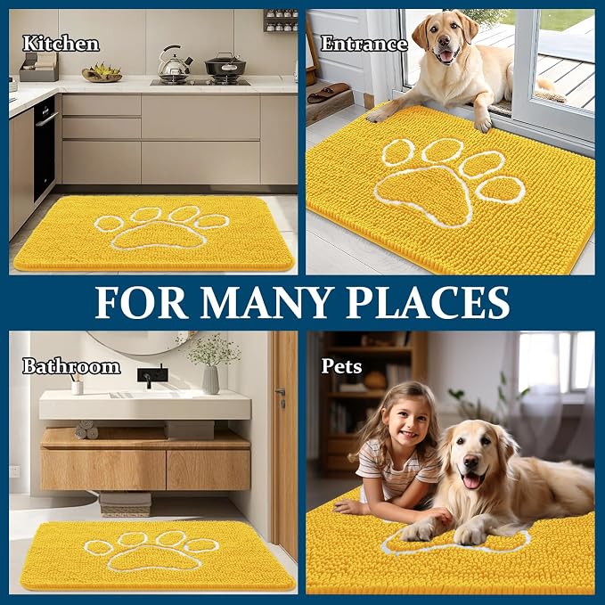 OLANLY Dog Door Mat for Muddy Paws 30x20, Paw Print Design Chenille Mud Mat | Yellow, Absorbent, Traps Moisture and Dirt, Non-Slip Washable Doormat, Quick-Drying Indoor Entryway Floor Carpet for Dogs